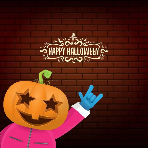 Vektorový pozadí Happy halloween party kreativní bederní. muž v kostýmu halloween s vyřezávanými dýňová hlava na cihlovou zeď na pozadí. Šťastný halloween rockový koncert plakát design — Stockový vektor