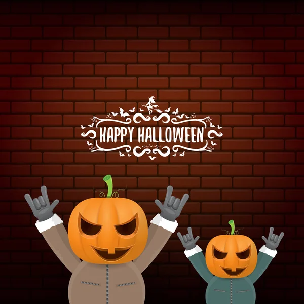 Vector Happy halloween creative hipster party background. man in halloween costume with carved pumpkin head on brick wall background. Happy halloween rock concert poster design — 图库矢量图片