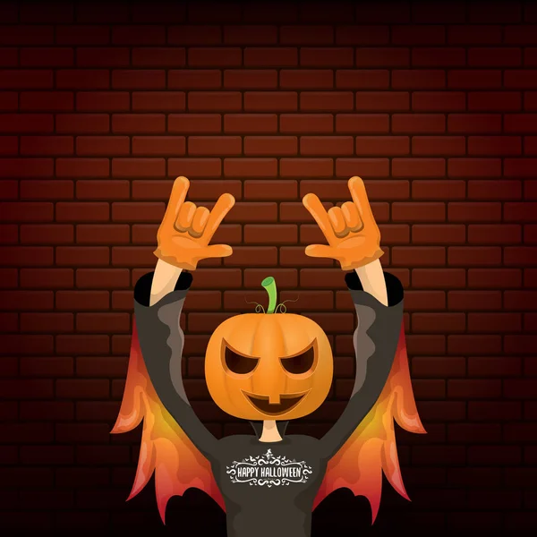 Vektor glücklich halloween kreative Hipster-Party Hintergrund. Mann im Halloween-Kostüm mit geschnitztem Kürbiskopf auf Backsteinmauer-Hintergrund. glückliches Halloween-Rock-Konzert-Plakatdesign — Stockvektor