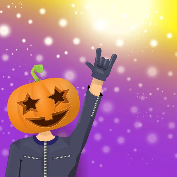 Vector Feliz Halloween hipster fondo de la fiesta. hombre en traje de halloween con cabeza de calabaza tallada en diseño violeta con desenfoque y luces. Diseño del cartel del concierto de Halloween rock feliz — Vector de stock