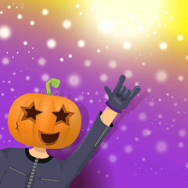 Vektor glücklich Halloween Hipster Party Hintergrund. Mann im Halloween-Kostüm mit geschnitztem Kürbiskopf auf violettem Layout mit Unschärfe und Lichtern. glückliches Halloween-Rock-Konzert-Plakatdesign — Stockvektor