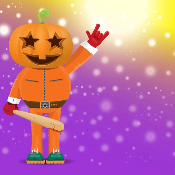 Vector Feliz Halloween hipster fondo de la fiesta. hombre en traje de halloween con cabeza de calabaza tallada en diseño violeta con desenfoque y luces. Diseño del cartel del concierto de Halloween rock feliz — Vector de stock