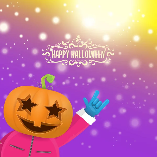 Vector Happy halloween hipster party background. man in halloween costume with carved pumpkin head on violet layout with blur and lights. Happy halloween rock concert poster design — Stock Vector