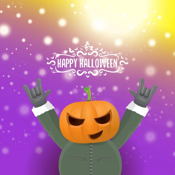 Vector Feliz Halloween hipster fondo de la fiesta. hombre en traje de halloween con cabeza de calabaza tallada en diseño violeta con desenfoque y luces. Diseño del cartel del concierto de Halloween rock feliz — Archivo Imágenes Vectoriales