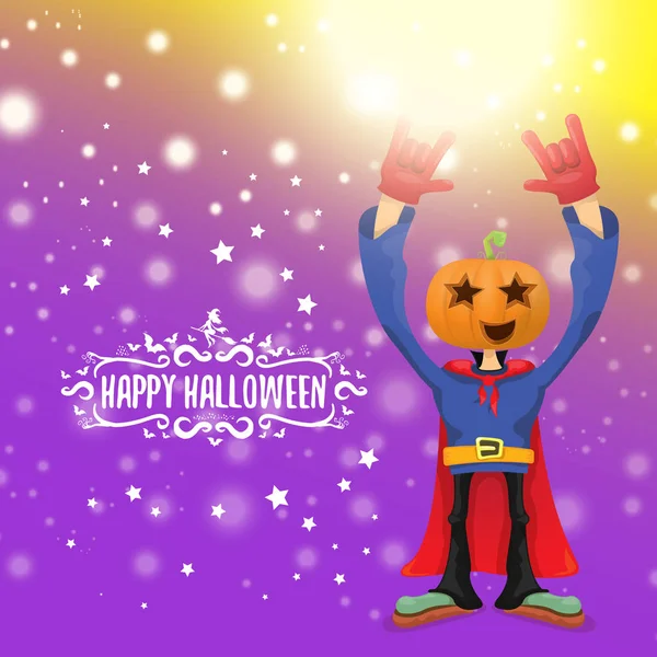 Vector Feliz Halloween hipster fondo de la fiesta. hombre en traje de halloween con cabeza de calabaza tallada en diseño violeta con desenfoque y luces. Diseño del cartel del concierto de Halloween rock feliz — Vector de stock