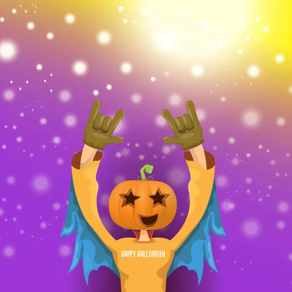 Vector Feliz Halloween hipster fondo de la fiesta. hombre en traje de halloween con cabeza de calabaza tallada en diseño violeta con desenfoque y luces. Diseño del cartel del concierto de Halloween rock feliz — Vector de stock