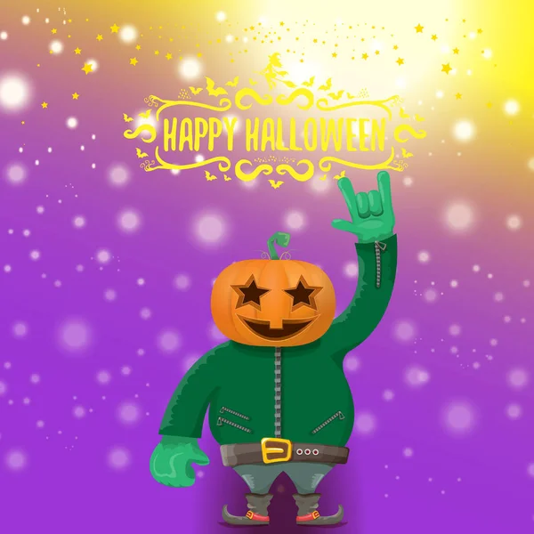 Vecteur Happy Halloween fond de fête hipster. homme en costume d'Halloween avec tête de citrouille sculptée sur disposition violette avec flou et lumières. Happy halloween rock affiche de concert design — Image vectorielle