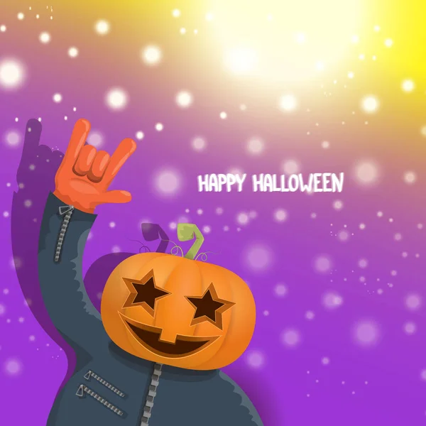 Vector Happy halloween hipster partij achtergrond. man in halloween kostuum met gebeeldhouwde pompoen hoofd in violet lay-out met vervagen en verlichting. Happy halloween rock concert posterontwerp — Stockvector