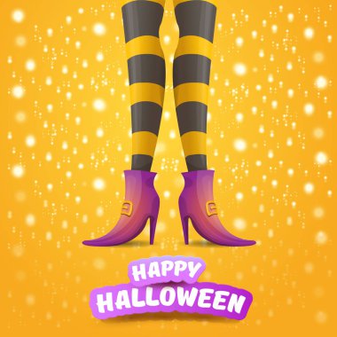 vektör çizgi film Cadılar Bayramı partisi poster kadın cadı ayaklı ve vintage kurdele ile metin mutlu Cadılar bayramında turuncu arka plan yıldız ve ışıklar. kızlar bacaklar soyulmuş çorap ve ayakkabı ile.