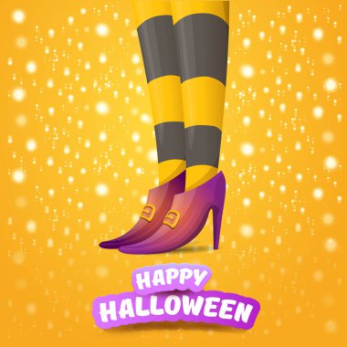 vektör çizgi film Cadılar Bayramı partisi poster kadın cadı ayaklı ve vintage kurdele ile metin mutlu Cadılar bayramında turuncu arka plan yıldız ve ışıklar. kızlar bacaklar soyulmuş çorap ve ayakkabı ile.