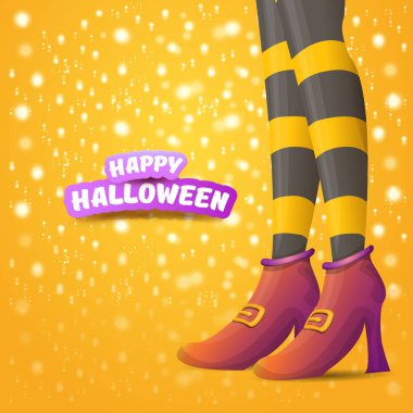 vektör çizgi film Cadılar Bayramı partisi poster kadın cadı ayaklı ve vintage kurdele ile metin mutlu Cadılar bayramında turuncu arka plan yıldız ve ışıklar. kızlar bacaklar soyulmuş çorap ve ayakkabı ile.