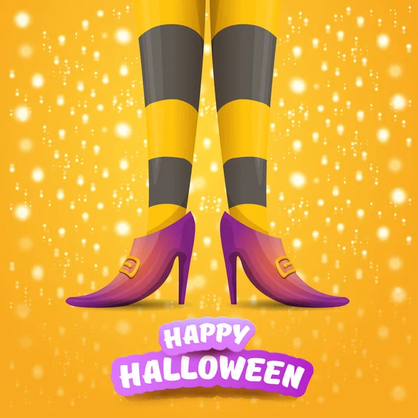 Vector cartoon halloween party poster with women witch legs and vintage ribbon with text happy halloween on orange background with stars and lights . girls legs with stripped stockings and shoes. — Stock Vector