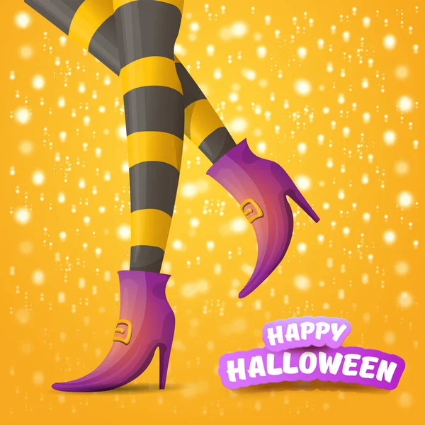 Vektor rajzfilm halloween party poszter nő boszorkány lábakkal és vintage szalag szöveggel boldog halloween narancssárga háttér, a csillagok és a fények. lány lába meztelen harisnya és a cipő. — Stock Vector