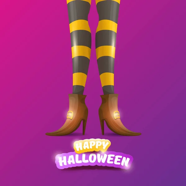 Vector happy halloween party poster met vrouwen heks benen en vintage lint met tekst happy halloween op violette achtergrond. meisjes poten met gestripte kousen en schoenen. — Stockvector