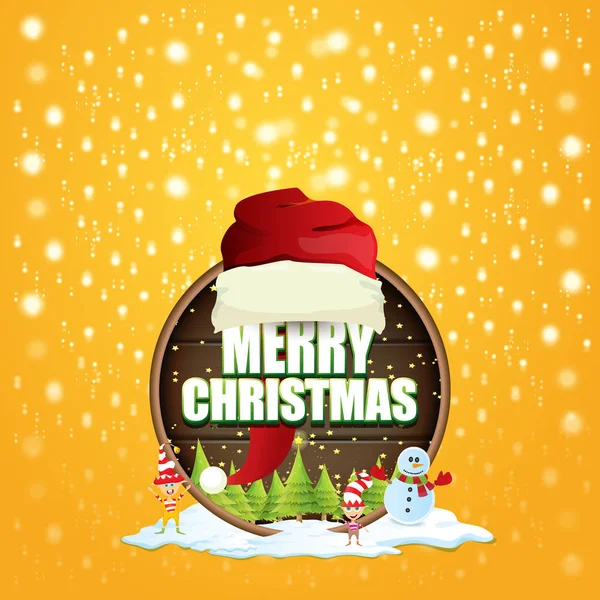 Векторная рождественская этикетка с красной шляпой Санты, елкой, снегом, мультяшным снеговиком, детскими эльфами и текстом поздравления на деревянном круглом фоне вывески. векторная красная рождественская открытка — стоковый вектор