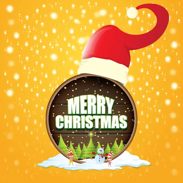 Vektorové vánoční popisek s červenou čepici santa, strom, sníh, kreslený sněhulák, děti elfové a pozdrav text na pozadí dřevěná kola. vektor červené veselé vánoční přání — Stockový vektor