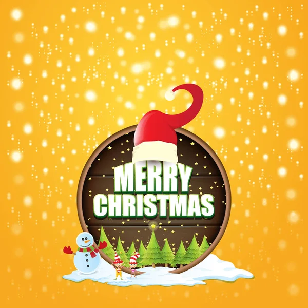 Векторная рождественская этикетка с красной шляпой Санты, елкой, снегом, мультяшным снеговиком, детскими эльфами и текстом поздравления на деревянном круглом фоне вывески. векторная красная рождественская открытка — стоковый вектор