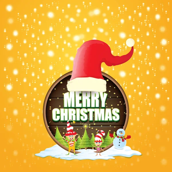 Vector jul etikett med röda santa hatt, träd, snö, tecknad snögubbe, barnen älvor och hälsningstext på runda träskylt bakgrund. Vector röd glada julkort — Stock vektor