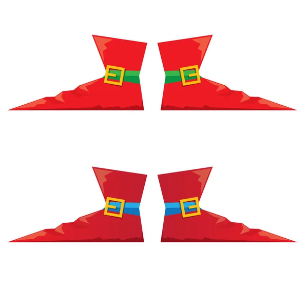 Vector rode cartoon kerst elf schoenen collectie pictogram geïsoleerd op transparante achtergrond. vector funky rode cartoon laarzen set — Stockvector