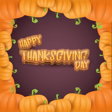 Şükran günün kutlu olsun gün etiket witn metin ve menekşe arka plan üzerinde izole Turuncu kabak sınır tebrik vektör. Çizgi film Şükran Günü posteri veya başlığı