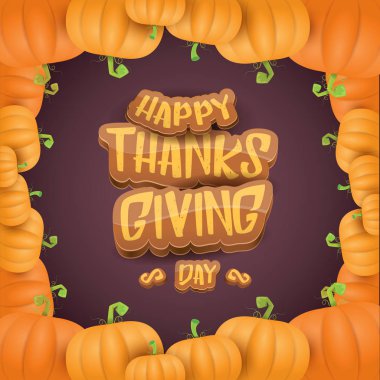 Şükran günün kutlu olsun gün etiket witn metin ve menekşe arka plan üzerinde izole Turuncu kabak sınır tebrik vektör. Çizgi film Şükran Günü posteri veya başlığı