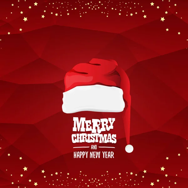 Вектор красный Санта этикетка изолированы на красном фоне с приветственным текстом Счастливого Рождества и золотые звезды и огни. Мультипликационная веселая открытка, баннер или xmas фон. векторная иллюстрация — стоковый вектор