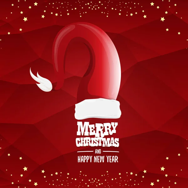 Vektoros piros Santa kalap címke elszigetelt piros háttér üdvözlő szöveg kellemes karácsonyi ünnepeket és az arany csillagokkal és a fények. Rajzfilm vidám karácsonyi kártya, banner, vagy karácsonyi háttér. vektoros illusztráció — Stock Vector