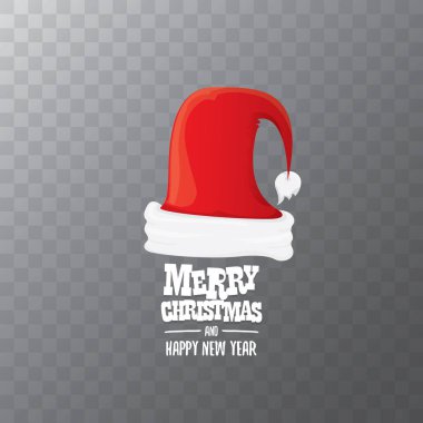 metin Merry Christmas tebrik ile şeffaf arka plan üzerinde izole kırmızı Santa şapka etiket vektör. Çizgi film neşeli Noel kartı, afiş veya xmas arka plan. vektör çizim