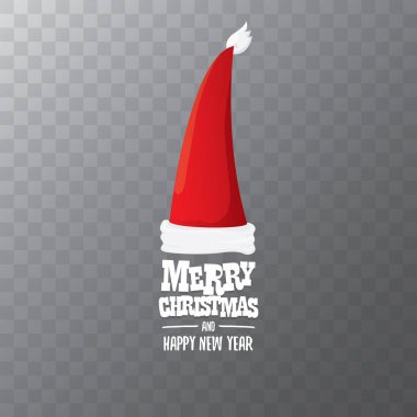 metin Merry Christmas tebrik ile şeffaf arka plan üzerinde izole kırmızı Santa şapka etiket vektör. Çizgi film neşeli Noel kartı, afiş veya xmas arka plan. vektör çizim