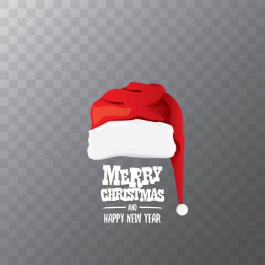 metin Merry Christmas tebrik ile şeffaf arka plan üzerinde izole kırmızı Santa şapka etiket vektör. Çizgi film neşeli Noel kartı, afiş veya xmas arka plan. vektör çizim