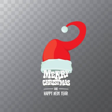 metin Merry Christmas tebrik ile şeffaf arka plan üzerinde izole kırmızı Santa şapka etiket vektör. Çizgi film neşeli Noel kartı, afiş veya xmas arka plan. vektör çizim