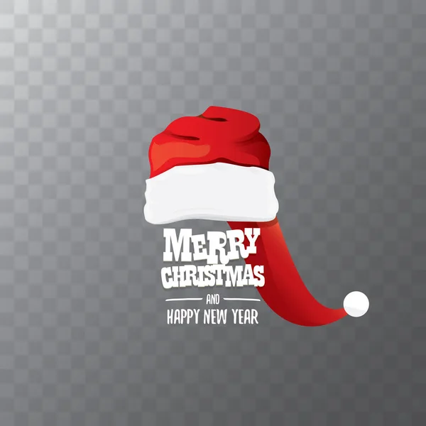 あいさつ文メリー クリスマスと透明な背景で隔離赤いサンタ帽子ラベルをベクトルします。漫画メリー クリスマス カード、クリスマスのバナーや背景。ベクトル図 — ストックベクタ