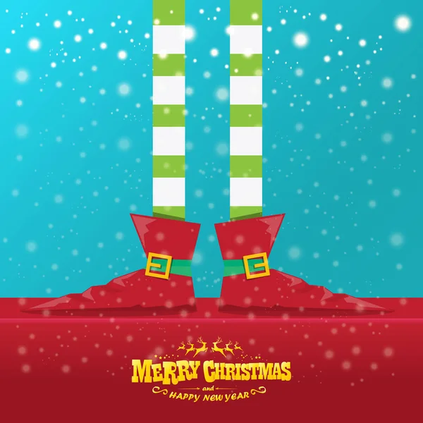 Vector creativo feliz tarjeta de felicitación de Navidad con las piernas de los elfos de dibujos animados, zapatos de elfo y la Navidad despojado media caída de nieve en el cielo. Vector feliz fondo de Navidad — Vector de stock