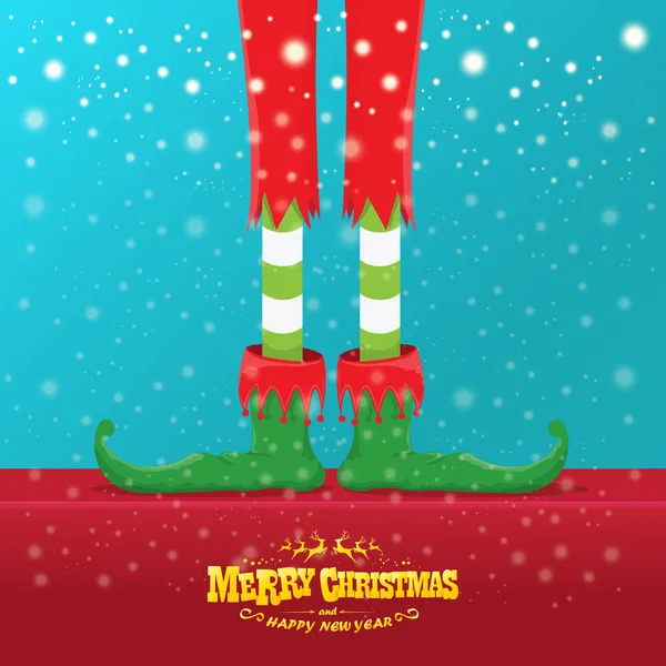 Vecteur créatif joyeux Noël carte de vœux avec des jambes d'elfes de dessin animé, chaussures d'elfe et Noël déshabillé bas sur la neige tombante dans le ciel. vecteur joyeux noël fond — Image vectorielle