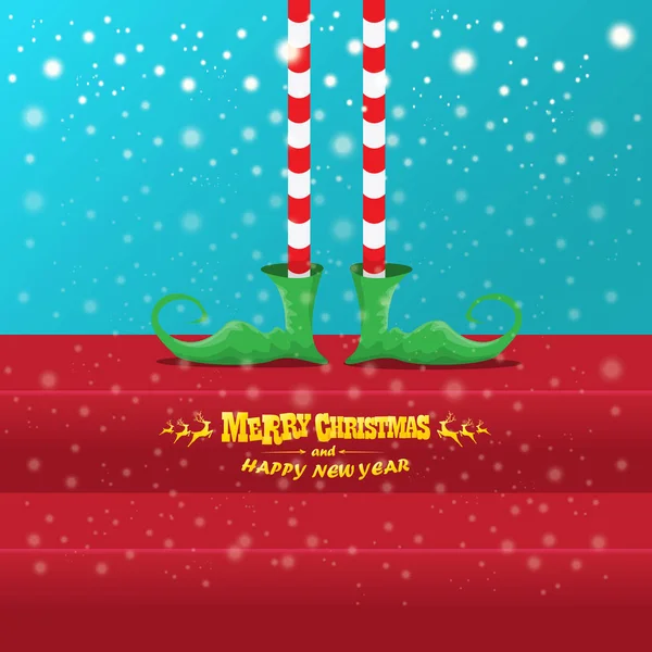 Vetor criativo alegre natal cartão de saudação com desenhos animados pernas elfos, sapatos de elfo e Natal meia despojado em queda de neve no céu. Vetor feliz fundo de Natal — Vetor de Stock