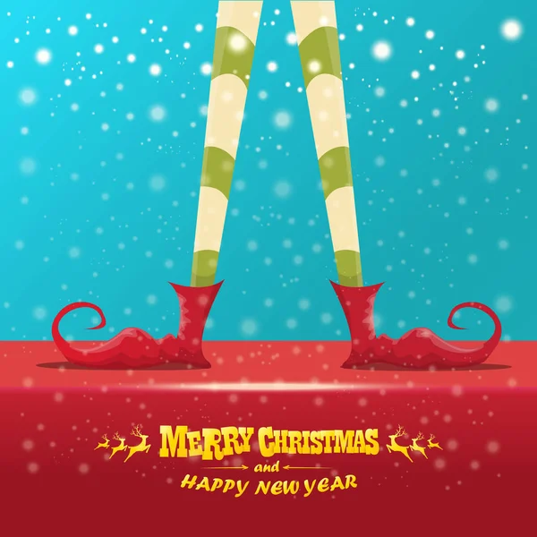 矢量创意快乐圣诞贺卡与卡通精灵腿, 精灵鞋和圣诞节剥去了在天空中飘落的雪的放养。向量快乐圣诞节背景 — 图库矢量图片