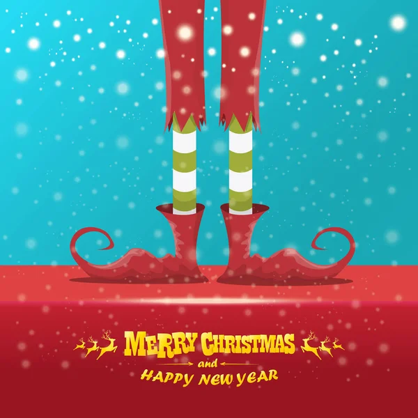 矢量创意快乐圣诞贺卡与卡通精灵腿, 精灵鞋和圣诞节剥去了在天空中飘落的雪的放养。向量快乐圣诞节背景 — 图库矢量图片
