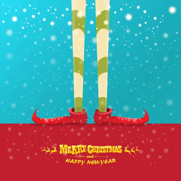 Vecteur créatif joyeux Noël carte de vœux avec des jambes d'elfes de dessin animé, chaussures d'elfe et Noël déshabillé bas sur la neige tombante dans le ciel. vecteur joyeux noël fond — Image vectorielle