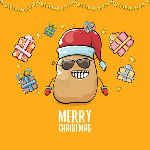 Vector funky comic cartoon cute brown smiling santa claus potato with red santa hat, gifts and calligraphic merry christmas text isolated on orange background. vegetable funky christmas character — Stock Vector