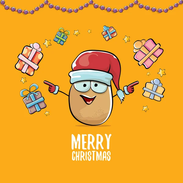 Vector funky comic cartoon cute brown smiling santa claus potato with red santa hat, gifts and calligraphic merry christmas text isolated on orange background. vegetable funky christmas character — Stock Vector