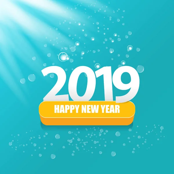 Šťastný nový rok 2019 kreativní design pozadí nebo přání. 2019 novoroční čísla na azure Vánoční pozadí se světly — Stockový vektor