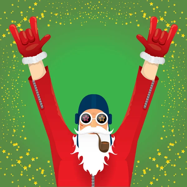 Vektor DJ Rock n Roll Weihnachtsmann mit rauchender Pfeife, Weihnachtsmann-Bart und funkigem Weihnachtsmann-Hut isoliert auf grünem weihnachtlichem quadratischen Hintergrund mit Sternen. Weihnachten Hipster Party Poster, Banner oder Karte. — Stockvektor