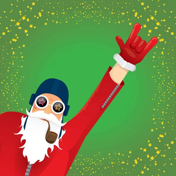 Vector Dj rock n roll Kerstman met rookpijp, santa baard en funky KERSTMUTS geïsoleerd op groene kerst vierkante achtergrond met sterren. Hipster partij Kerstaffiche, banner of kaart. — Stockvector