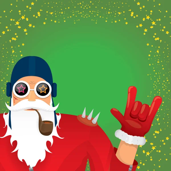 Vektor DJ Rock n Roll Weihnachtsmann mit rauchender Pfeife, Weihnachtsmann-Bart und funkigem Weihnachtsmann-Hut isoliert auf grünem weihnachtlichem quadratischen Hintergrund mit Sternen. Weihnachten Hipster Party Poster, Banner oder Karte. — Stockvektor