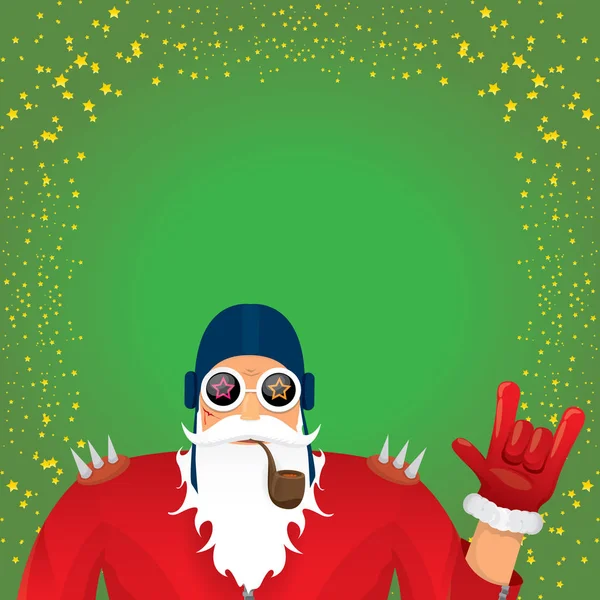 Vector DJ rock n roll santa claus com cachimbo de fumo, barba de santa e chapéu de santa funky isolado em fundo quadrado de natal verde com estrelas. Natal hipster festa cartaz, banner ou cartão . — Vetor de Stock