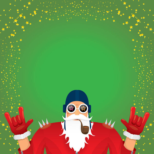 vector DJ rock n roll santa claus with smoking pipe, santa beard and funky santa hat isolated on green christmas square background with stars. Christmas hipster party poster, banner or card.