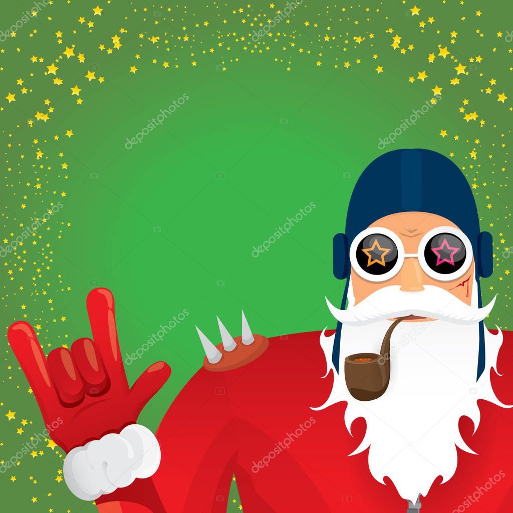 vector DJ rock n roll santa claus with smoking pipe, santa beard and funky santa hat isolated on green christmas square background with stars. Christmas hipster party poster, banner or card.