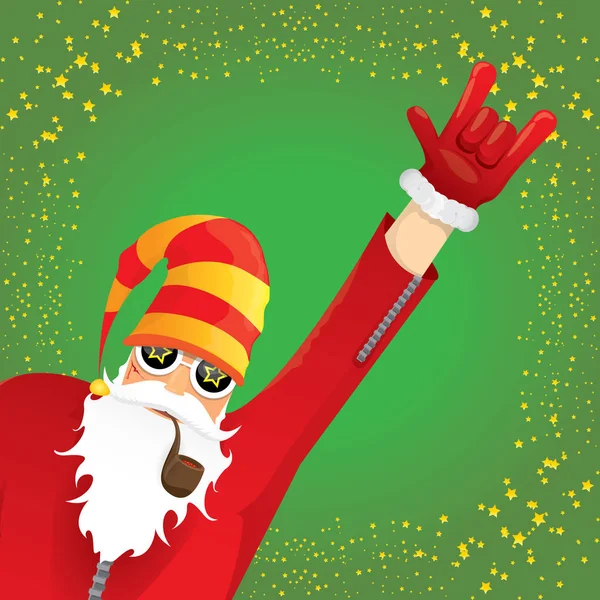 Vector DJ rock n roll santa claus with smoking pipe, santa beard and funky santa hat isolated on green christmas square background with stars. Christmas hipster party poster, banner or card. — Stock Vector