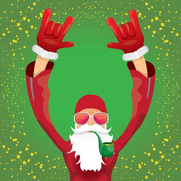 Vektor DJ rock n roll santa claus med rygerør, santa skæg og funky santa hat isoleret på grøn jul firkantet baggrund med stjerner. Jul hipster fest plakat, banner eller kort . – Stock-vektor