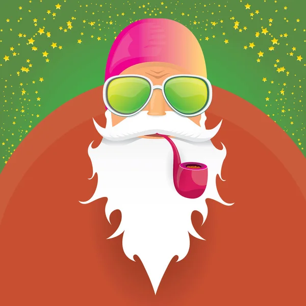 Векторний діджей-рок n roll Санта-Клаус з курильною трубкою, борода Санта та фанкі Санта-капелюх ізольовані на зеленому різдвяному квадратному фоні з зірками. Різдвяний плакат гіпсової вечірки, банер або картка . — стоковий вектор